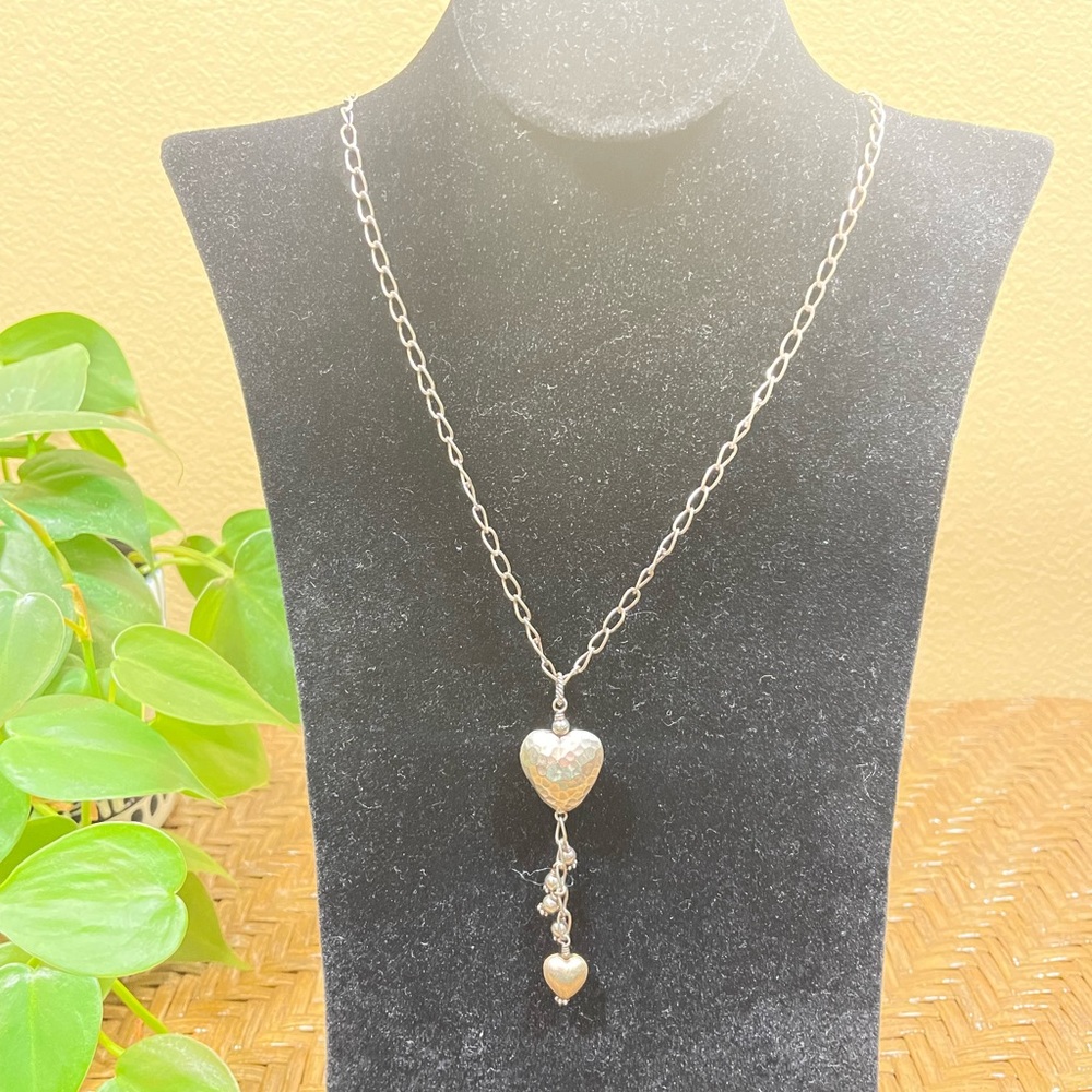 Silver Puffed Hammered Heart Toggle Necklace 18" Chain